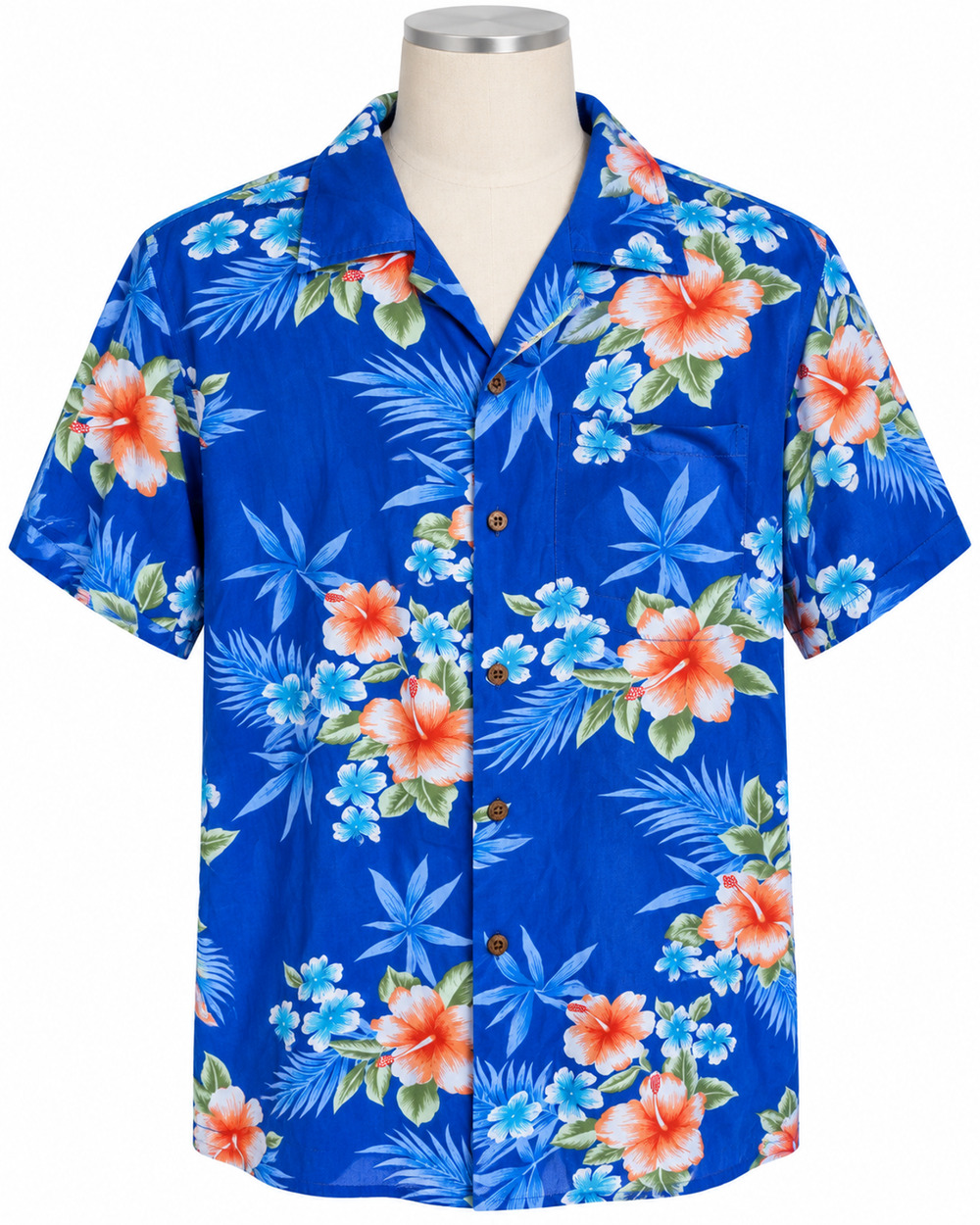 Hawaii Hangover Aloha Shirt Blue Orange Hibiscus Palm Leaf Floral Size Medium